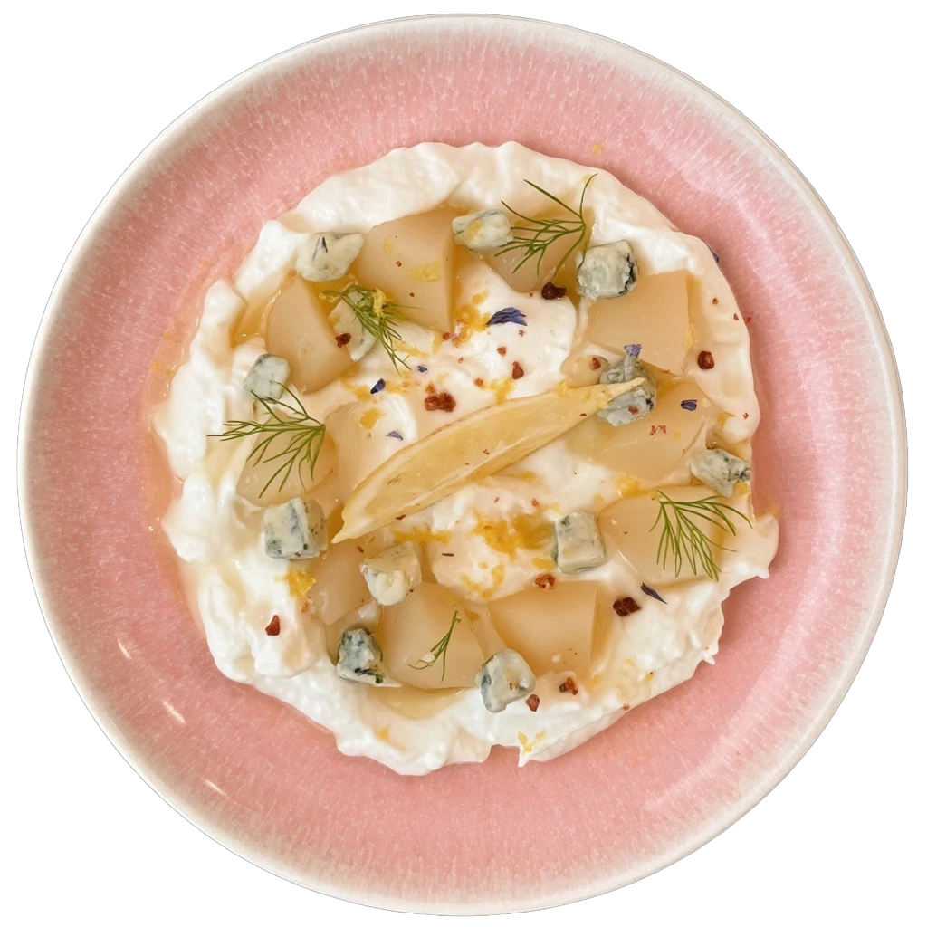 Yogurt plate menu: gorgonzola cheese & peach